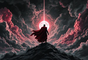 A stormy sky with Thor’s silhouette emerging from the clouds, holding Mjölnir high, his red cape flowing, in dramatic black, grey, and deep red tones. tattoo idea