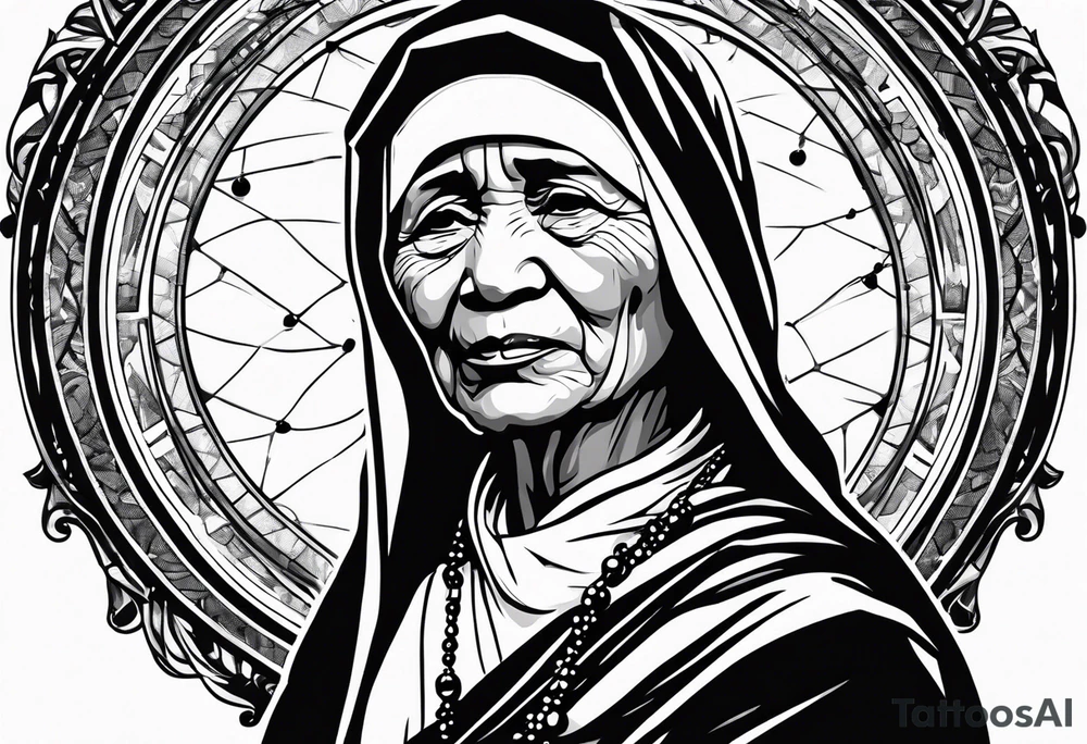 Mother Theresa looking down with black tears and rosary young version tattoo idea