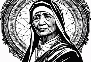 Mother Theresa looking down with black tears and rosary young version tattoo idea