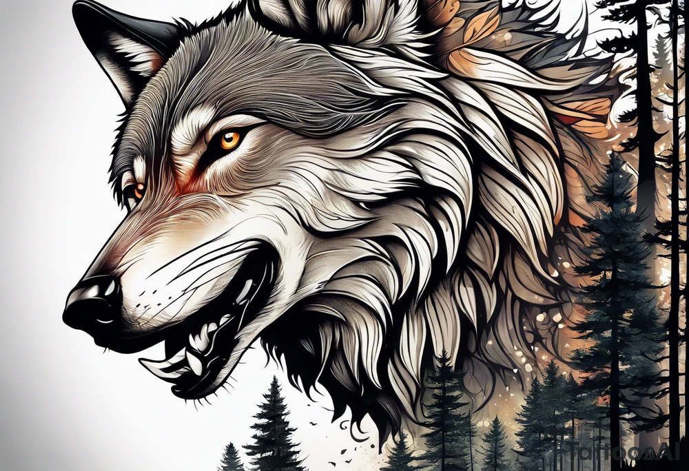 Forest with a wolf walking tattoo idea