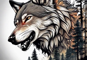 Forest with a wolf walking tattoo idea