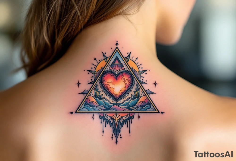 A triangle with a big heart in the center with a world travel theme tattoo idea