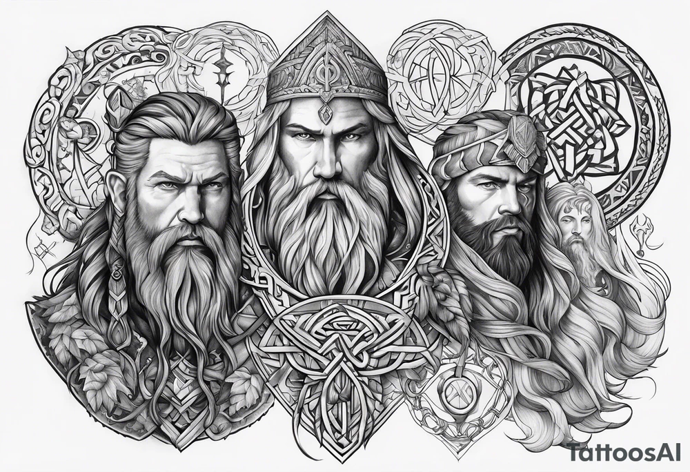 Nordic gods with runes and knots tattoo idea