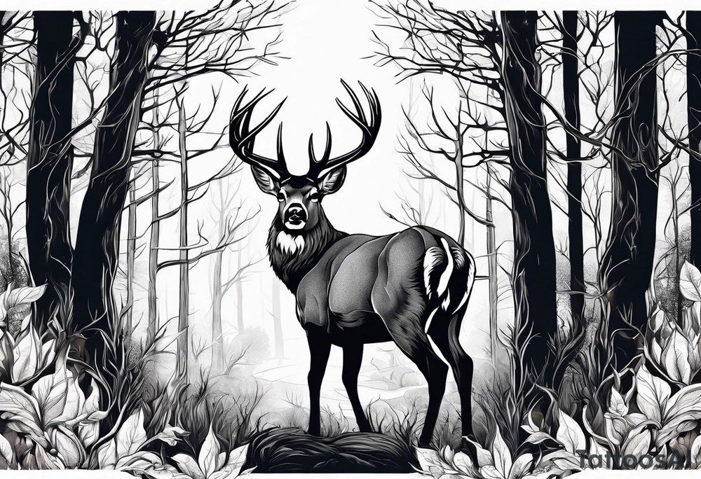 Nature trees with whitetail buck behind the trees tattoo idea