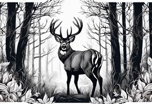 Nature trees with whitetail buck behind the trees tattoo idea