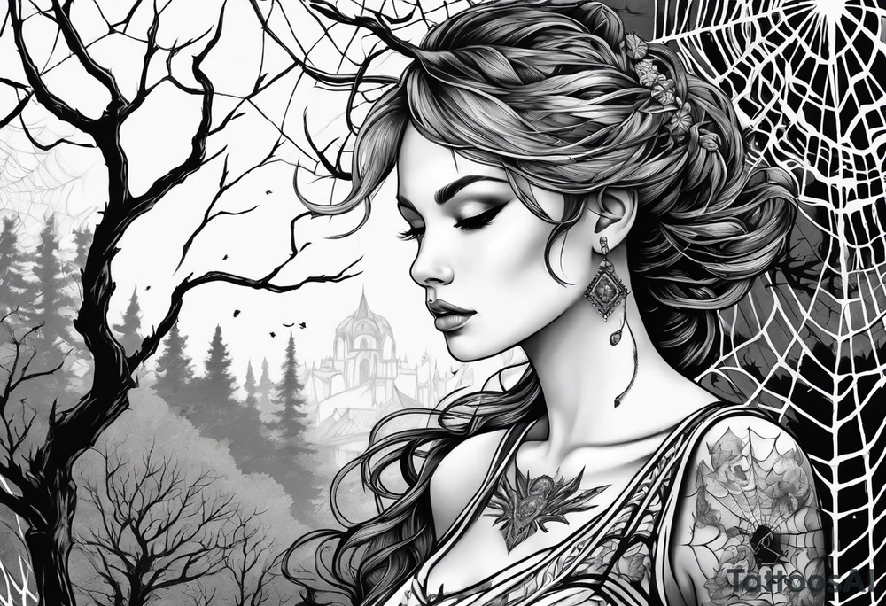 Ailen surrounded by spiderwebs and dead trees tattoo idea Ailen surrounded by spiderwebs and dead trees tattoo idea