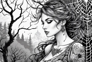 Ailen surrounded by spiderwebs and dead trees tattoo idea