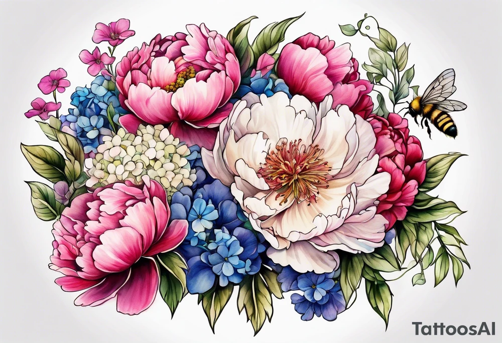 Vibrant peony with hydrangea and petunias and blossoms and foliage and a bee tattoo idea