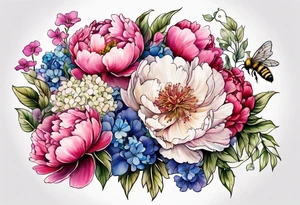 Vibrant peony with hydrangea and petunias and blossoms and foliage and a bee tattoo idea