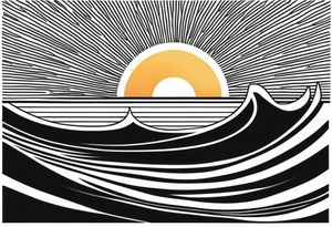 Hawaian beach with a big sun and many small waves, only black and white. The shape should BE a surfboard tattoo idea