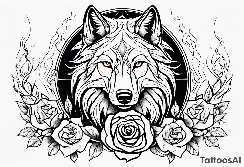 Rose with flames from top into a wolf tattoo idea