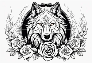 Rose with flames from top into a wolf tattoo idea