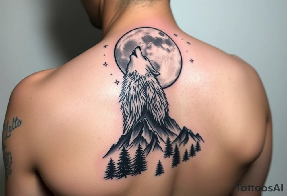 powerful majestic howling wolf to the big moon at the top, add some stars, there should be a mountain at the bottom with trees. the tattoo should on the shoulder. it needs to be very detailed and realistic. tattoo idea