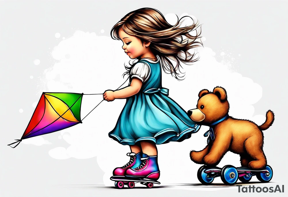 a little girl in a dress standing with a teddy bear in roller skates, flying a kite tattoo idea