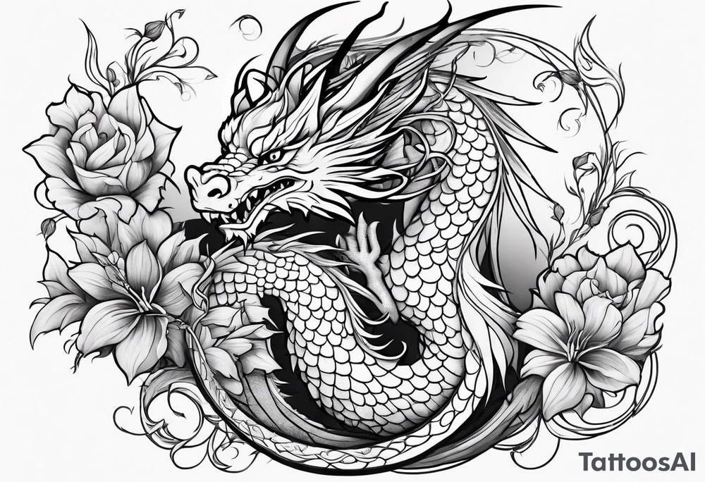 Feminine dragon on forearm with vines and flowers tattoo idea