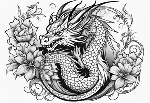 Feminine dragon on forearm with vines and flowers tattoo idea