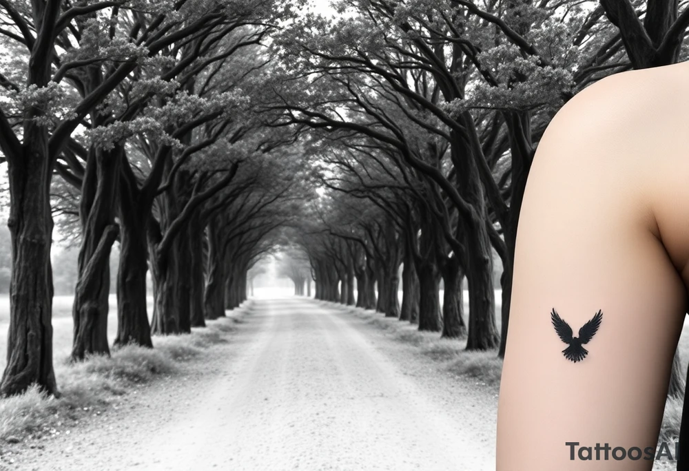 Tree-lined dirt road. Road is rough, little shoulder. Deciduous trees arch across it, meeting in the middle. 

Road should be rougher, more rural. Branches start lower. The trees in the foreground should be bigger — perspective has road getting smaller. tattoo idea