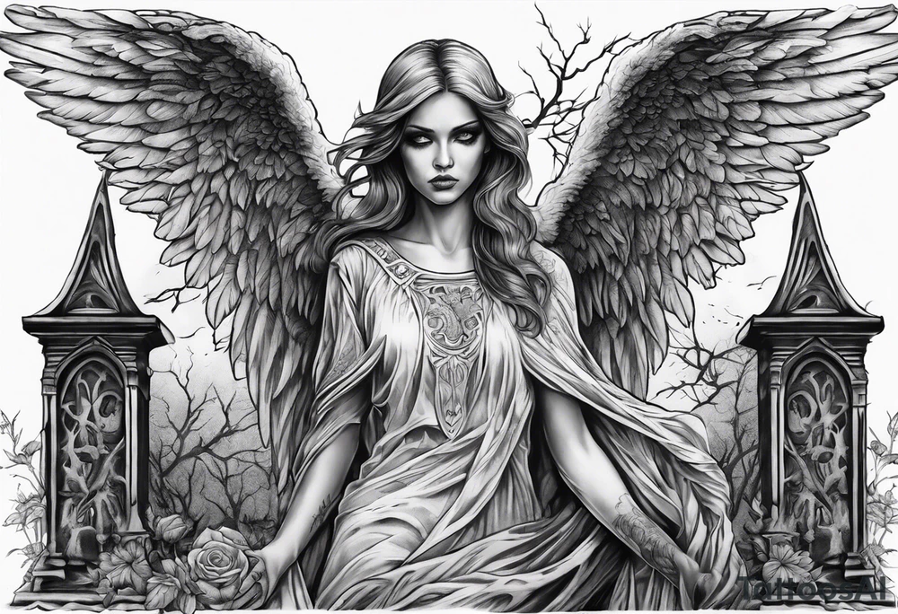 Angel of death in a creepy cemetery tattoo idea