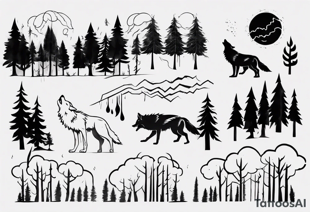 thunderstorm over a forest and a wolf howling tattoo idea thunderstorm over a forest and a wolf howling tattoo idea
