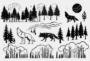 thunderstorm over a forest and a wolf howling tattoo idea