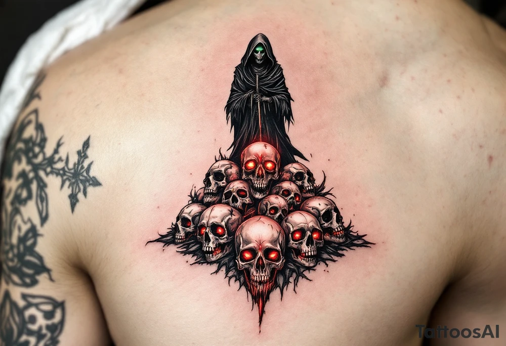 A black-and-gray Reaper with deep green eyes standing atop a pile of glowing red skull tattoo idea