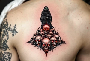 A black-and-gray Reaper with deep green eyes standing atop a pile of glowing red skull tattoo idea