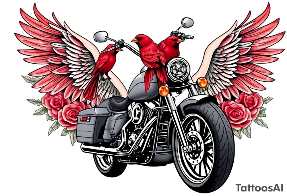 Harley grey motorcycle driving away, two red birds flying, roses, flames, angel wings tattoo idea