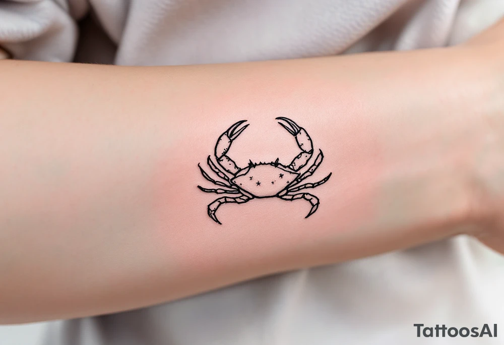 A soft pink sky background frames a hand-poked Cancer star constellation with a faint gray crab outline. tattoo idea