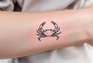 A soft pink sky background frames a hand-poked Cancer star constellation with a faint gray crab outline. tattoo idea
