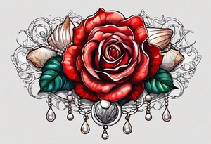 Red rose with a pearl necklace and a seashell tattoo idea