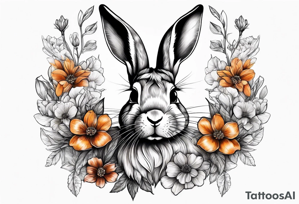 Realistic rabbit head and flowers tattoo idea