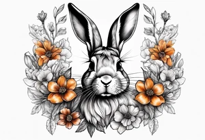 Realistic rabbit head and flowers tattoo idea