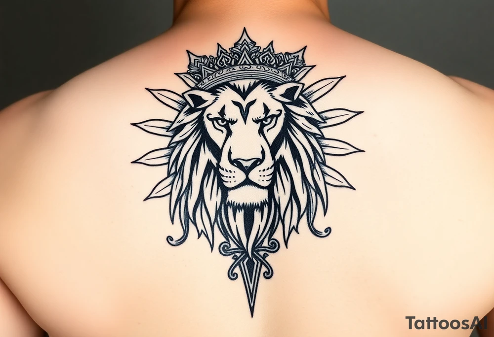 A majestic Persian lion with a radiant sun behind it, inspired by the ancient 'Lion and Sun' emblem of Iran. The lion wears a regal Persian crown, symbolizing power and sovereignty. The design elegantly incorporates the 'Faravahar' symbol, blending its wings and spiritual elements into the composition. The artwork is intricate, with fine ornamental Persian patterns, evoking a historical yet modern tattoo style. The atmosphere is grand, with a bold blackwork and neo-traditional tattoo aesthetic." tattoo idea