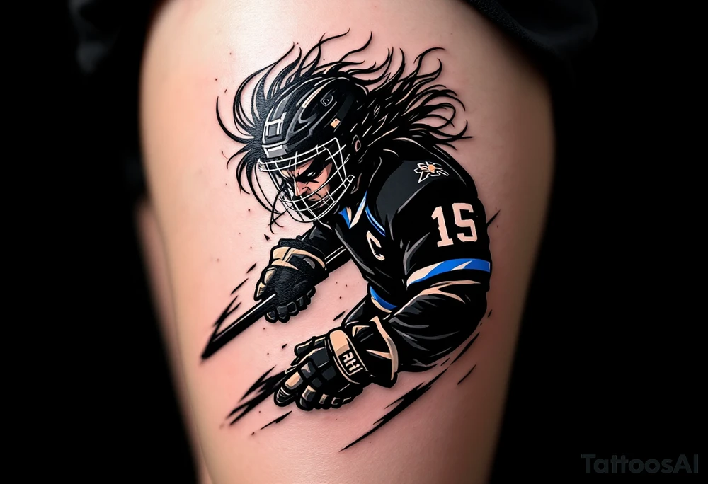 Speed Demon Forward
Player low and fast, hair flying from under the helmet, stick on ice. Jersey in black with neon-free electric blue trim and sharp contrast. tattoo idea