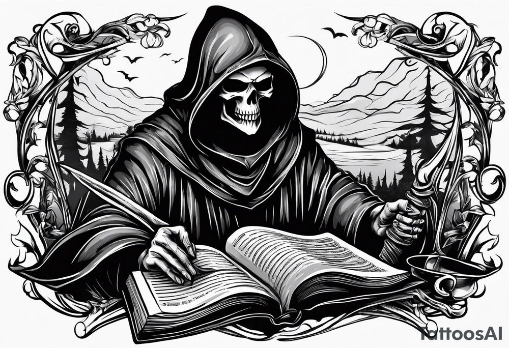 grim reaper reading books tattoo idea