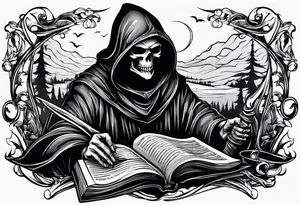 grim reaper reading books tattoo idea