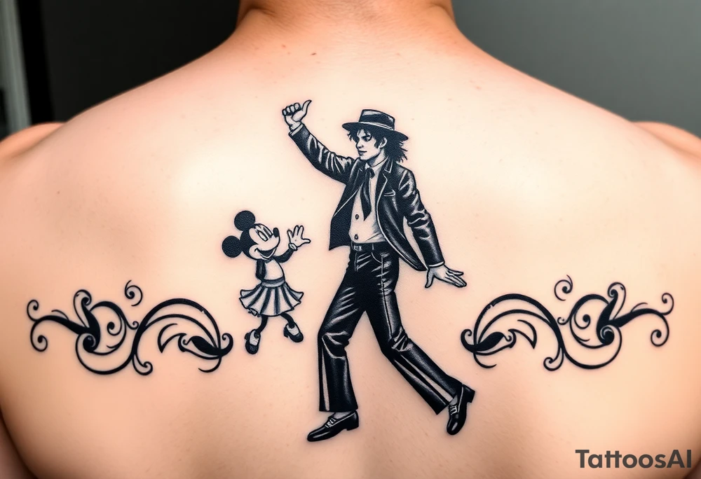 michael jackson tanzt den moonwalk. darunter tanzen mickie und minnie maus. notenzeilen schlängeln sich um alle 3

das motiv soll am bein zu sehen sein tattoo idea