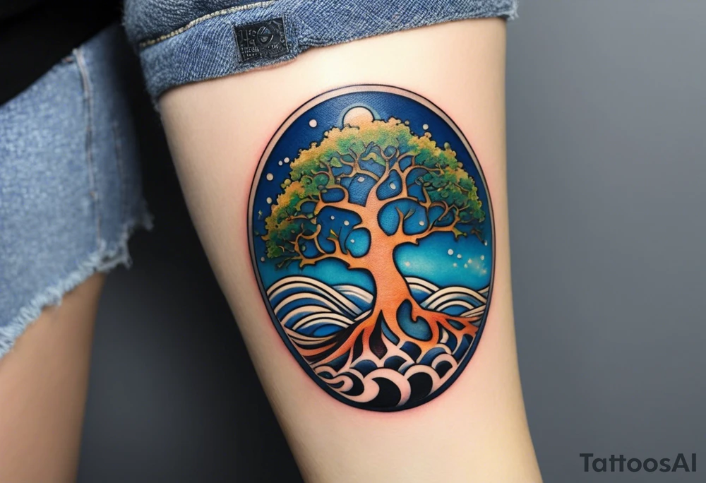 A tattoo of an abstract Tree of Life tattoo to be placed directly on the bicep of a woman. It can wrap around the arm a little. It should have roots growing out of the bottom. The roots slowly turn into water from the Great Wave by Hokusai. A golf flag should be placed discreetly growing out of the ground. 2 license plate tags should be hanging from the tree. Place a few music notes in the areas the leaves should be. The letters A U should be engraving into the tree trunk in a heart. tattoo idea