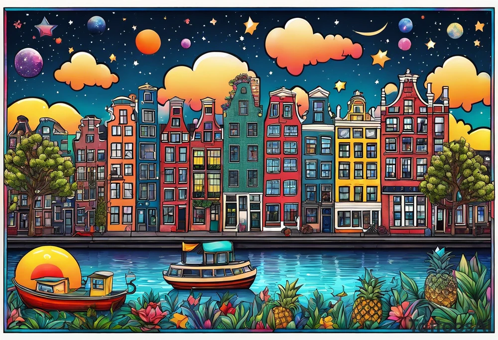 glass animals featuring animals and featuring colours of the universe and galaxies and pineapples in amsterdam city featuring Amsterdam buildings and canal made of glass tattoo idea