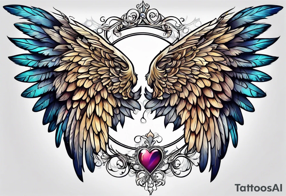 beautiful angel wings. with flilgree in the background tattoo idea