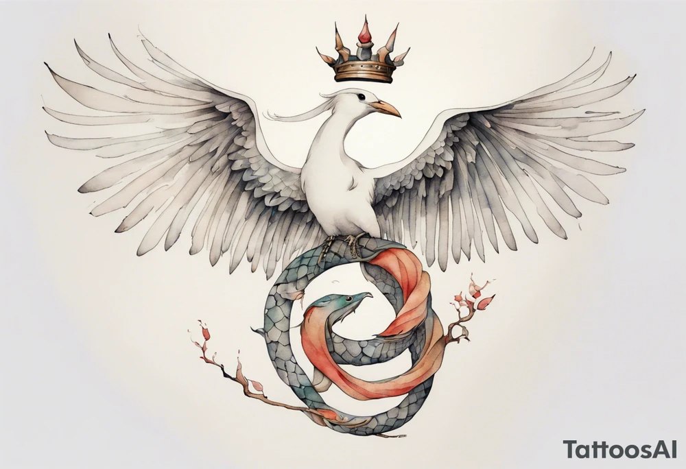 a watercolor of a white bird-serpent hybrid wearing an iron crown, flying tattoo idea