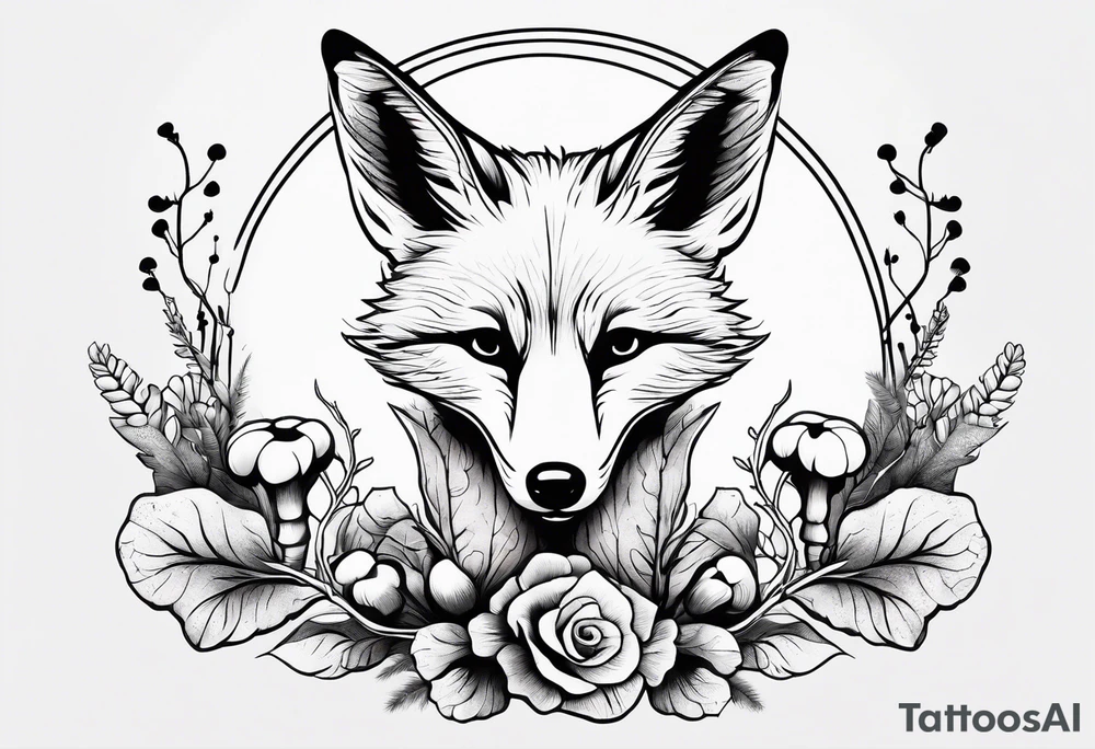 Dear fox skeleton with mushrooms growing out of it, simplistic tattoo idea
