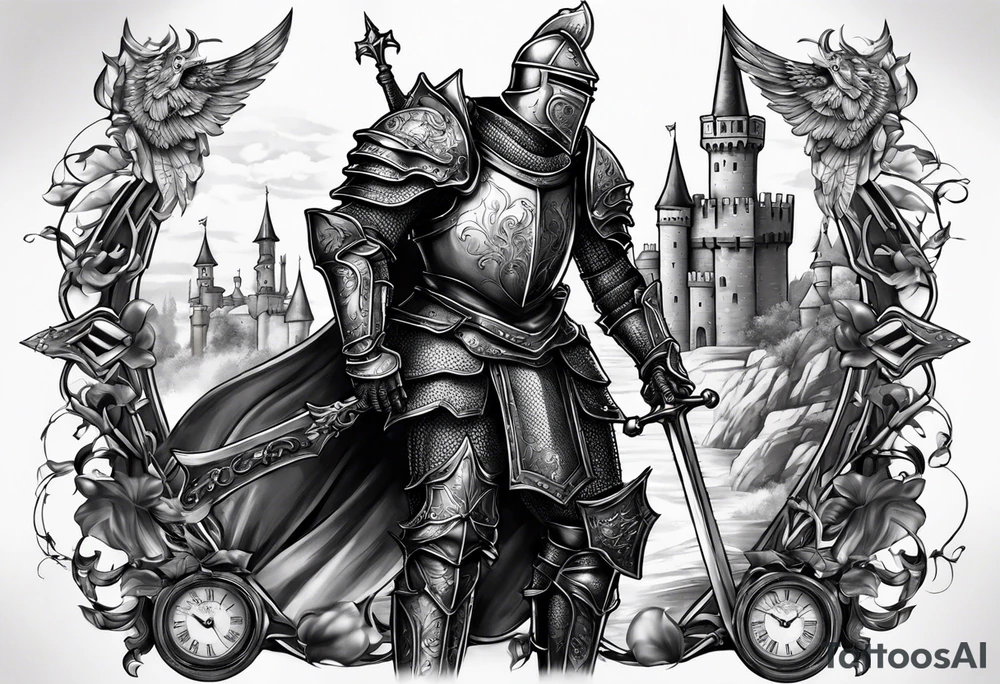 knight with heavy armor with clock and castle tattoo idea