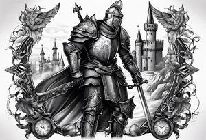 knight with heavy armor with clock and castle tattoo idea