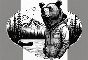 bear head right above the forest line with a lake below with a small fisher boat floating on it, full sleeve tattoo tattoo idea