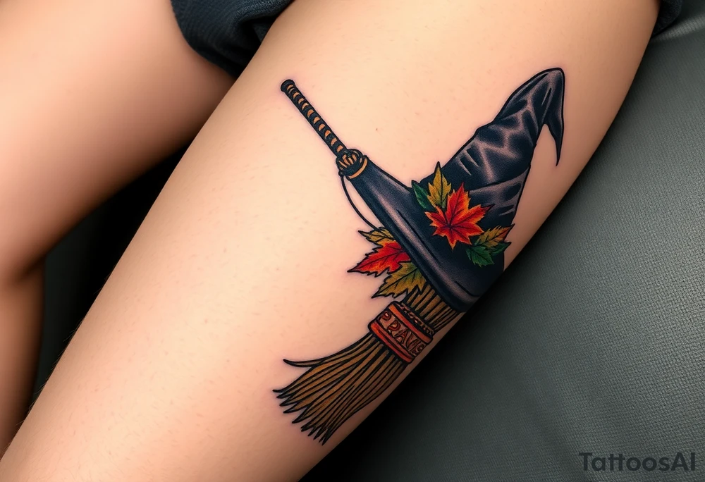 Which is broom with handle
 a witches hat with fall maple leaves tattoo idea