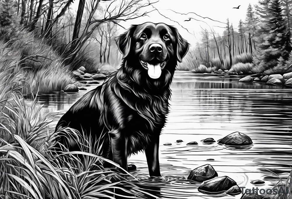 My dog Duke passed away and he loved trying to get sticks off the bottom of the creek tattoo idea