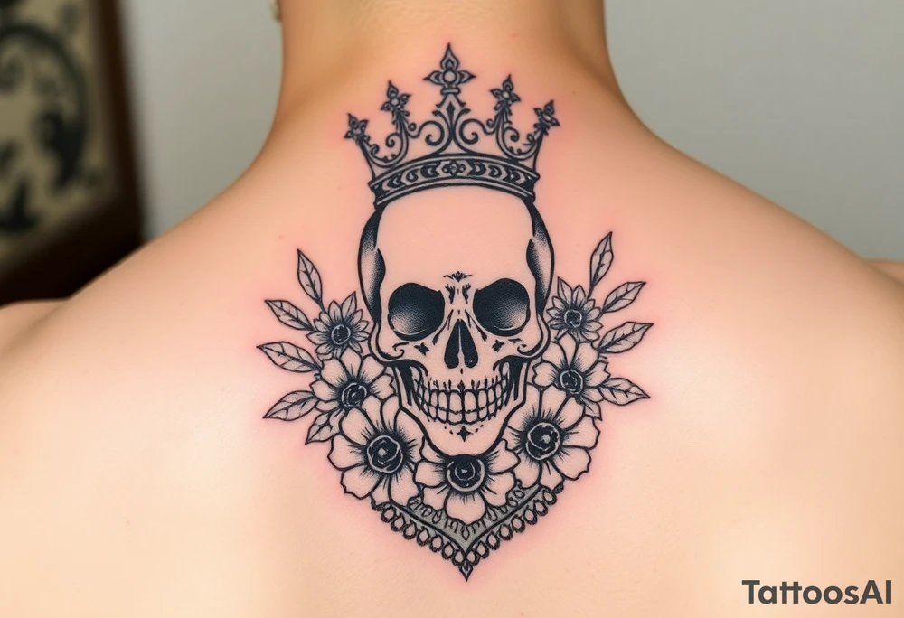 Bold elegant skull with crown surrounded by flowers with lace underneath tattoo idea