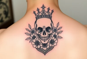 Bold elegant skull with crown surrounded by flowers with lace underneath tattoo idea