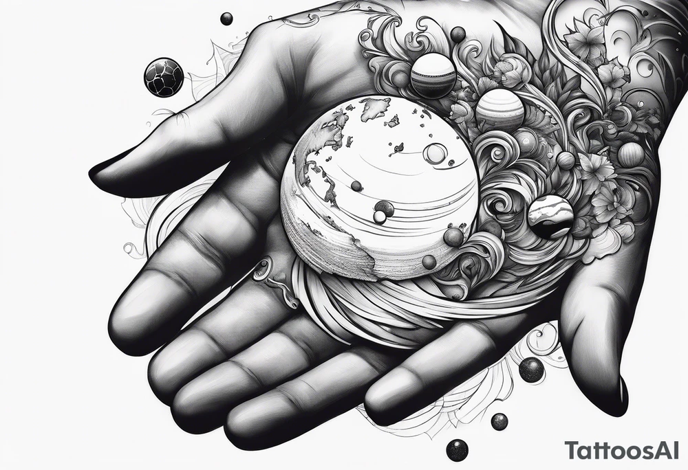 Human hand facing down with planets dangling from fingertips tattoo idea